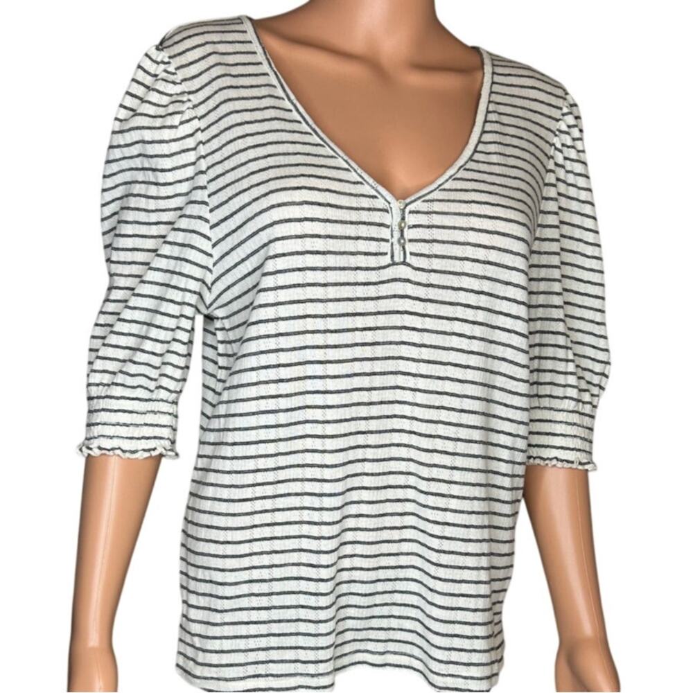 Lucky Brand sz L striped knit henley top vneck mid length puff sleeves